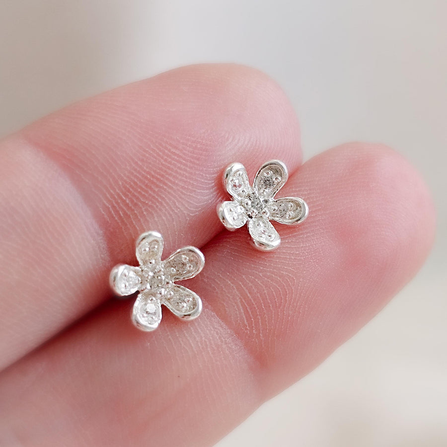 Dainty Flower Stud Earrings • Sterling Silver Pavé Petal Studs • Waterproof & Feminine • Gift for Flower Girl or Bridesmaid