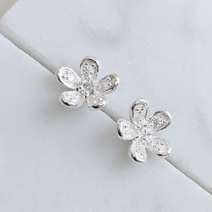 Dainty Flower Stud Earrings • Sterling Silver Pavé Petal Studs • Waterproof & Feminine • Gift for Flower Girl or Bridesmaid