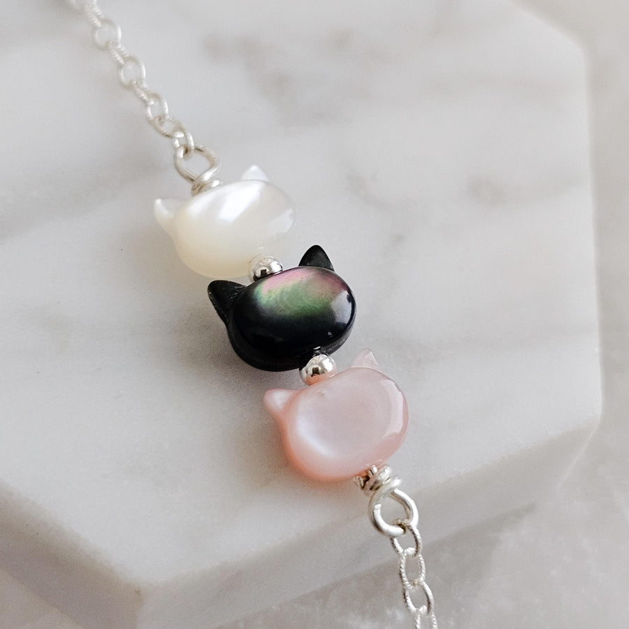 Cat Lover Bracelet • Feline Necklace • Kitty Cat Jewelry • Pet Memorial • Cat Mom • Mother of Pearl • Minimalist Cat Necklace • Cat Lady