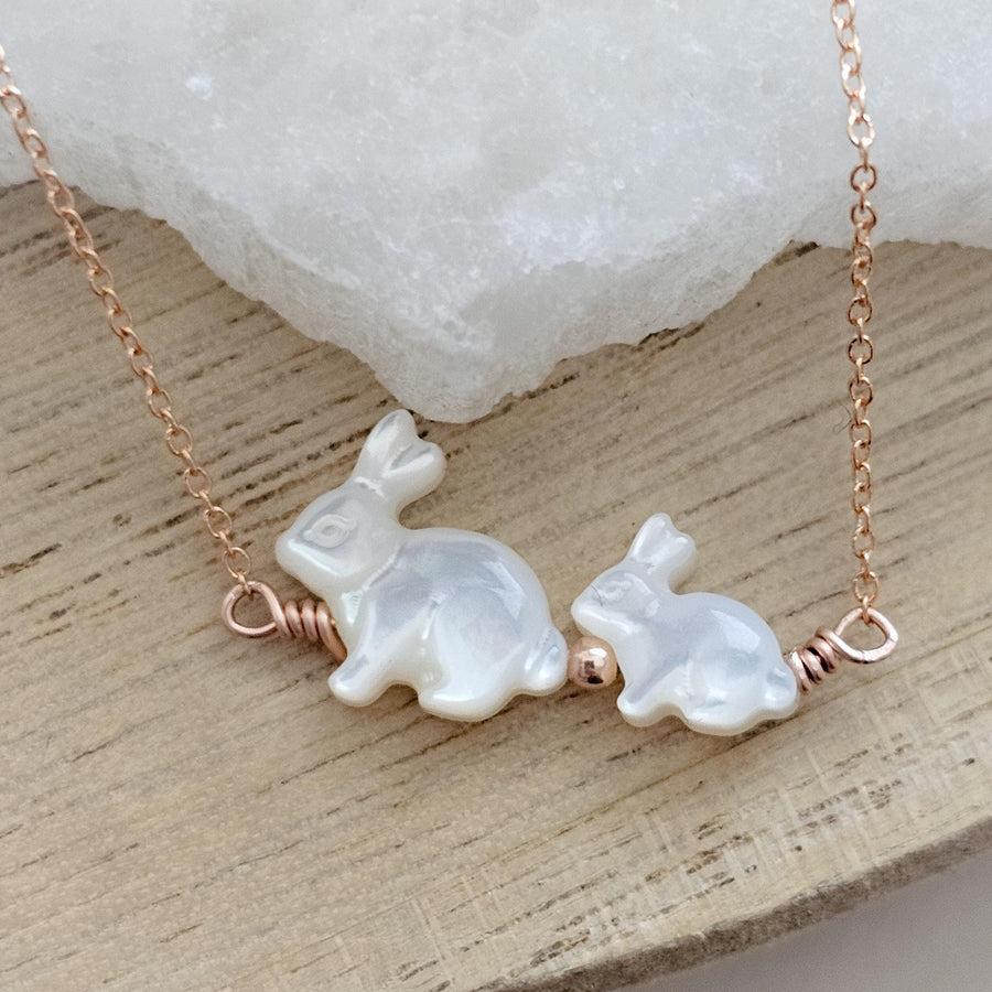 Bunny Mom Necklace • Mother & Baby Bunnies • Rabbit Jewelry • Mother of Pearl • Gift for Mom • New Mom Gift • Mother's Day Necklace