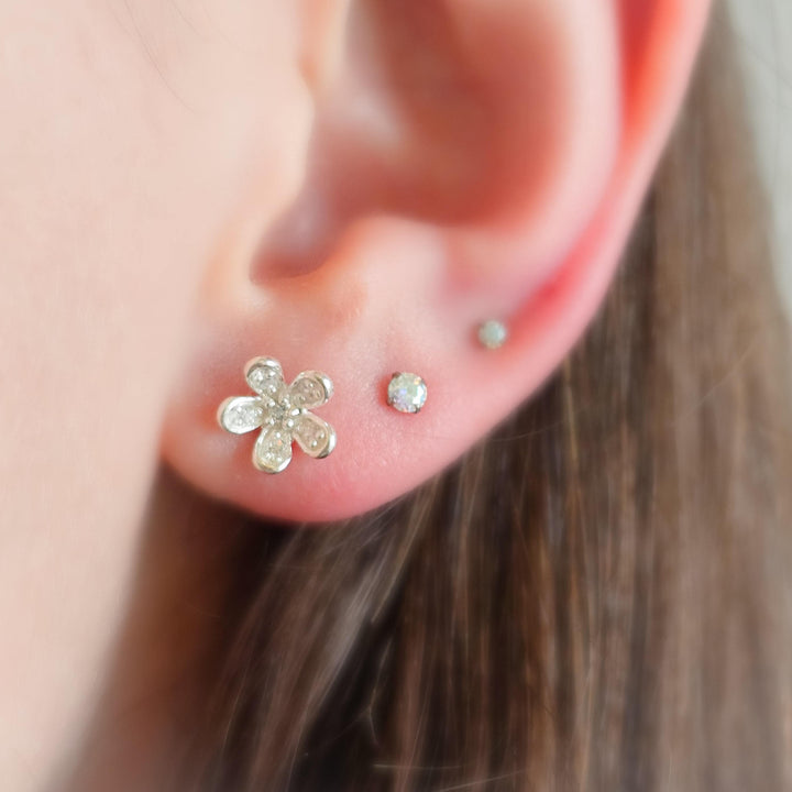 Dainty Flower Stud Earrings • Sterling Silver Pavé Petal Studs • Waterproof & Feminine • Gift for Flower Girl or Bridesmaid