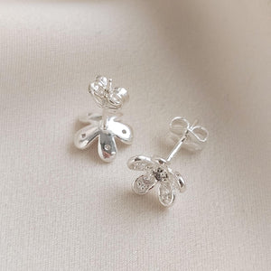 Dainty Flower Stud Earrings • Sterling Silver Pavé Petal Studs • Waterproof & Feminine • Gift for Flower Girl or Bridesmaid