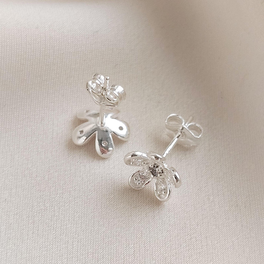 Dainty Flower Stud Earrings • Sterling Silver Pavé Petal Studs • Waterproof & Feminine • Gift for Flower Girl or Bridesmaid