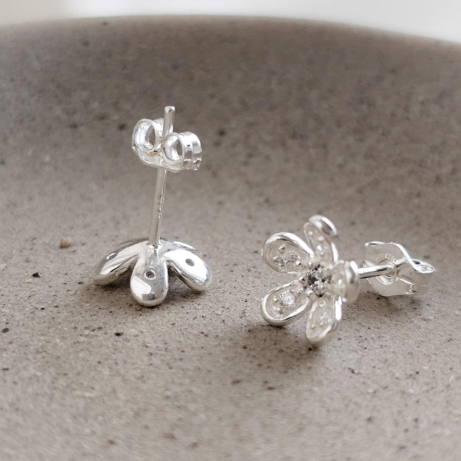 Dainty Flower Stud Earrings • Sterling Silver Pavé Petal Studs • Waterproof & Feminine • Gift for Flower Girl or Bridesmaid