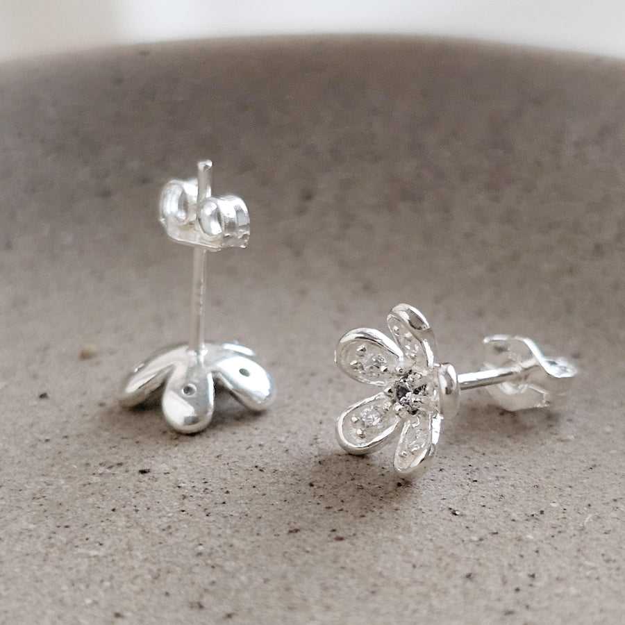 Dainty Flower Stud Earrings • Sterling Silver Pavé Petal Studs • Waterproof & Feminine • Gift for Flower Girl or Bridesmaid