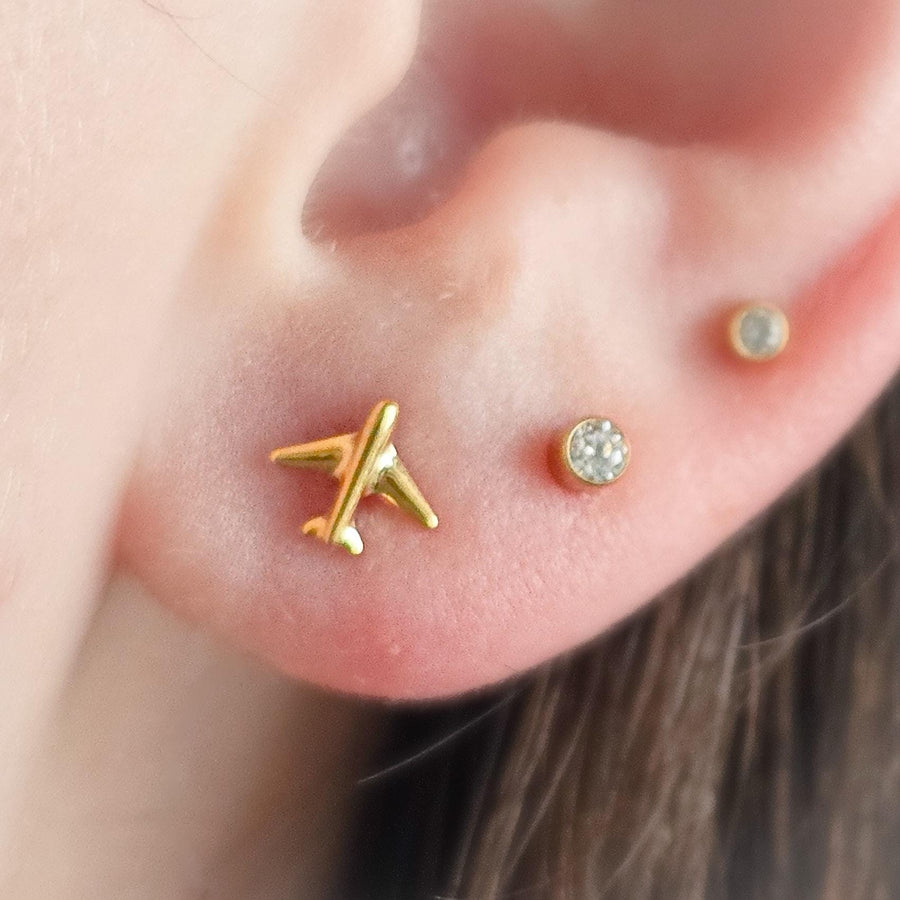 Titanium Airplane Stud Earrings • Dainty Flat Back Nap-In Studs • 14k Gold Plated • Modern Travel Jewelry for Jetsetters & Adventurers