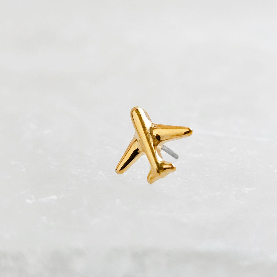 Titanium Airplane Stud Earrings • Dainty Flat Back Nap-In Studs • 14k Gold Plated • Modern Travel Jewelry for Jetsetters & Adventurers