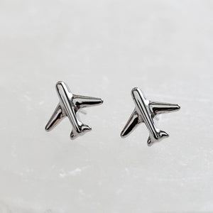 Titanium Airplane Stud Earrings • Dainty Flat Back Nap-In Studs • 14k Gold Plated • Modern Travel Jewelry for Jetsetters & Adventurers