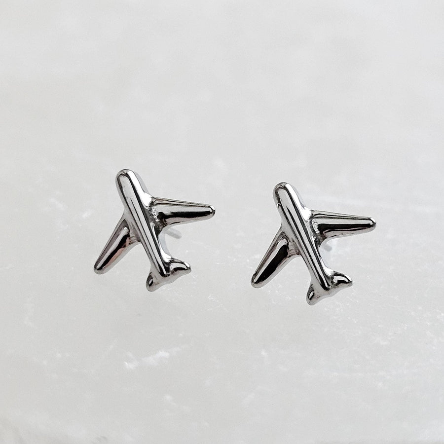 Titanium Airplane Stud Earrings • Dainty Flat Back Nap-In Studs • 14k Gold Plated • Modern Travel Jewelry for Jetsetters & Adventurers
