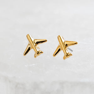 Titanium Airplane Stud Earrings • Dainty Flat Back Nap-In Studs • 14k Gold Plated • Modern Travel Jewelry for Jetsetters & Adventurers