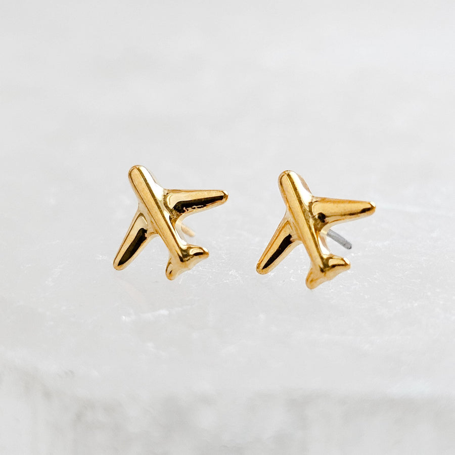 Titanium Airplane Stud Earrings • Dainty Flat Back Nap-In Studs • 14k Gold Plated • Modern Travel Jewelry for Jetsetters & Adventurers
