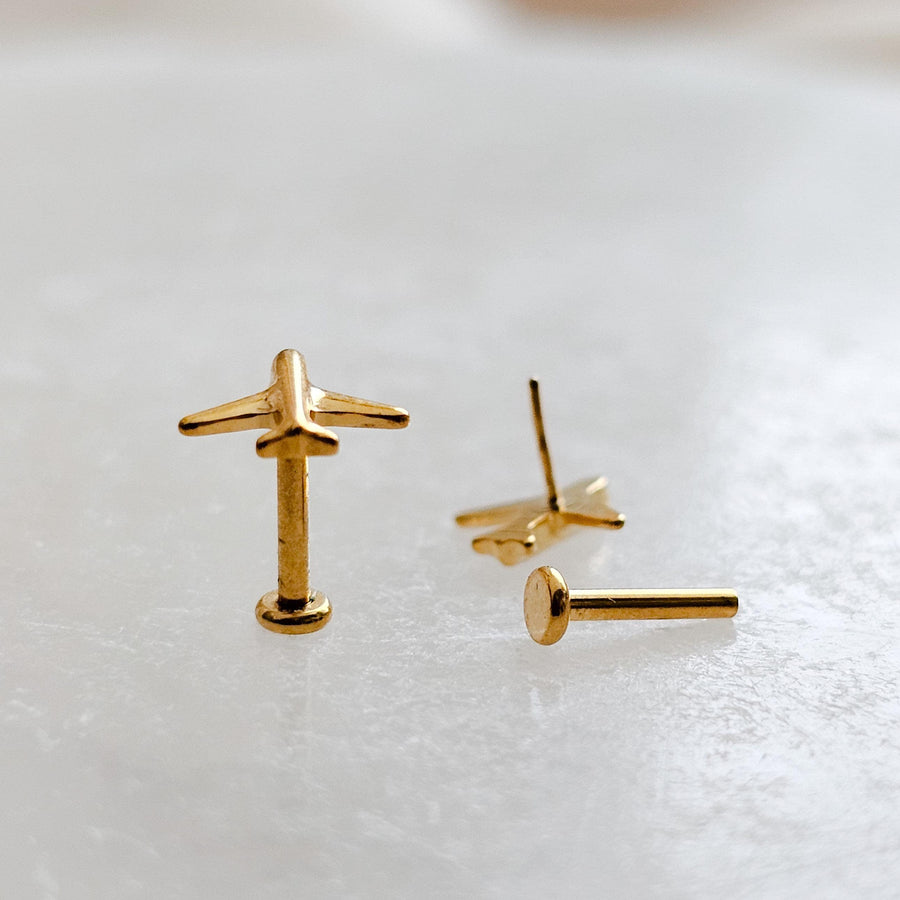 Titanium Airplane Stud Earrings • Dainty Flat Back Nap-In Studs • 14k Gold Plated • Modern Travel Jewelry for Jetsetters & Adventurers