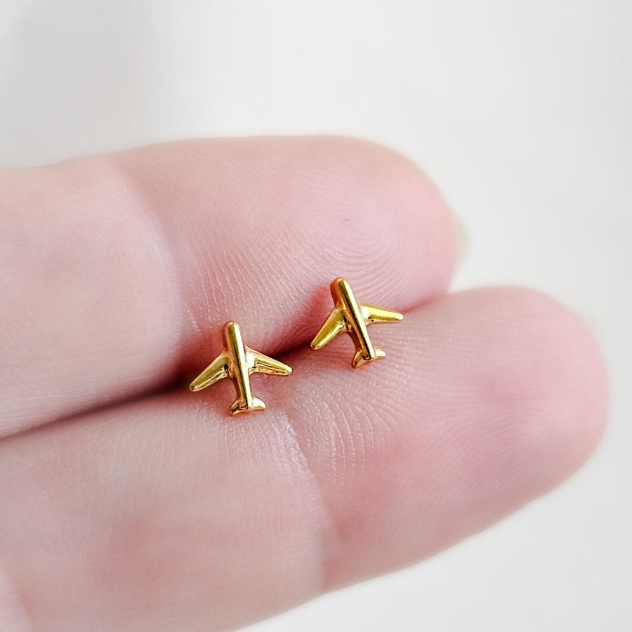 Titanium Airplane Stud Earrings • Dainty Flat Back Nap-In Studs • 14k Gold Plated • Modern Travel Jewelry for Jetsetters & Adventurers
