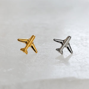 Titanium Airplane Stud Earrings • Dainty Flat Back Nap-In Studs • 14k Gold Plated • Modern Travel Jewelry for Jetsetters & Adventurers