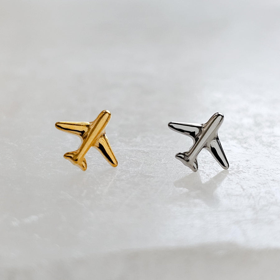 Titanium Airplane Stud Earrings • Dainty Flat Back Nap-In Studs • 14k Gold Plated • Modern Travel Jewelry for Jetsetters & Adventurers