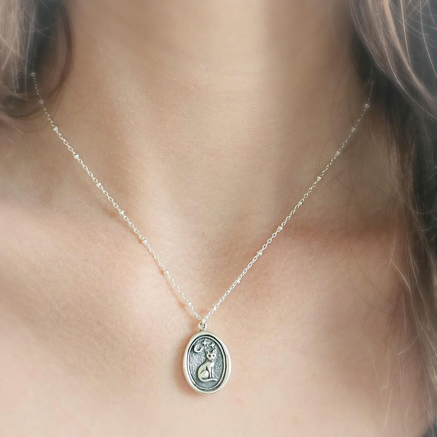 Custom Cat Charm with Crescent Moon & Stars • Sterling Silver Wax Seal Necklace with Engraving Option • Midnight Kitty Cat