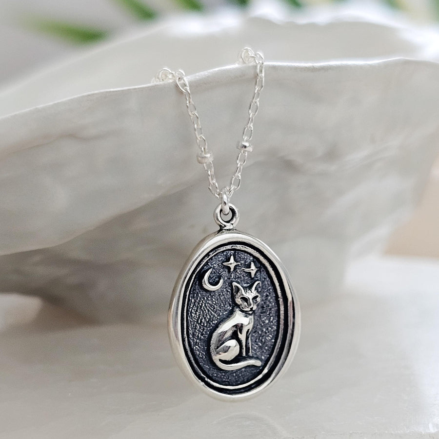 Custom Cat Charm with Crescent Moon & Stars • Sterling Silver Wax Seal Necklace with Engraving Option • Midnight Kitty Cat
