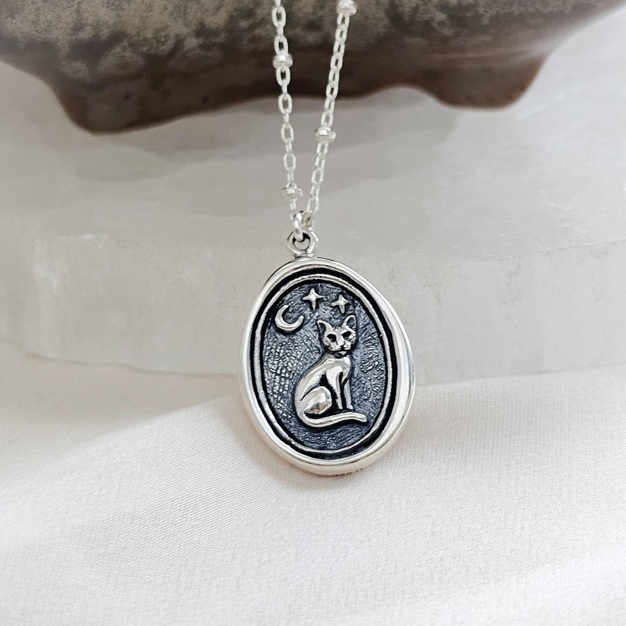 Custom Cat Charm with Crescent Moon & Stars • Sterling Silver Wax Seal Necklace with Engraving Option • Midnight Kitty Cat