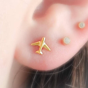 Titanium Airplane Stud Earrings • Dainty Flat Back Nap-In Studs • 14k Gold Plated • Modern Travel Jewelry for Jetsetters & Adventurers