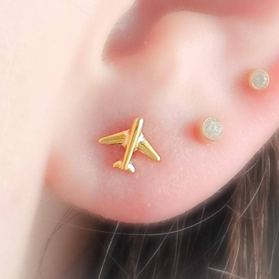Titanium Airplane Stud Earrings • Dainty Flat Back Nap-In Studs • 14k Gold Plated • Modern Travel Jewelry for Jetsetters & Adventurers