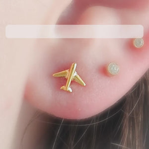 Titanium Airplane Stud Earrings • Dainty Flat Back Nap-In Studs • 14k Gold Plated • Modern Travel Jewelry for Jetsetters & Adventurers