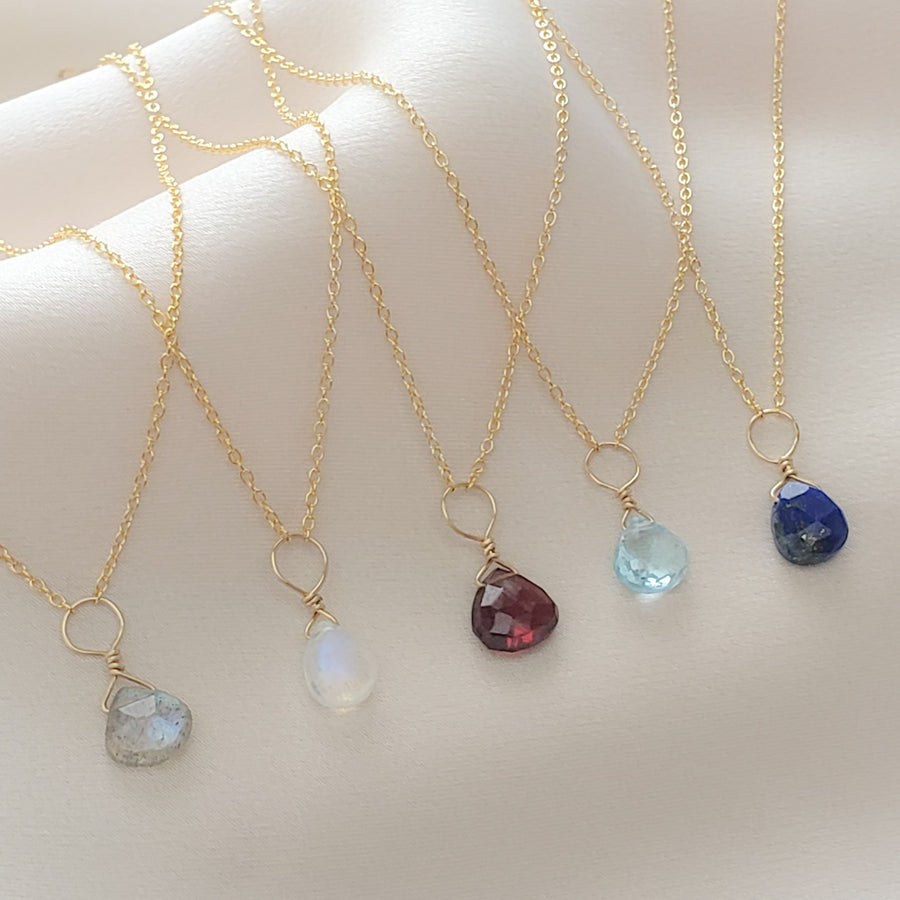 Tiny Rainbow Moonstone Drop Necklace - Studio Blue