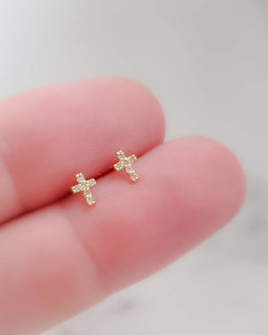 Petite Diamond Cross Studs in 14k Gold - Studio Blue