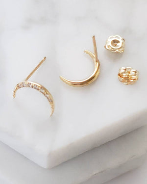 Diamond Crescent Moon Studs in 14K Gold - Studio Blue