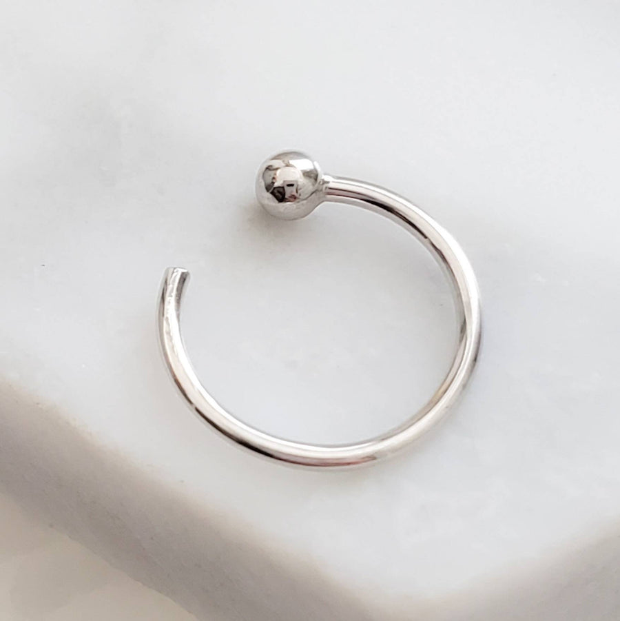 White gold open hoop with 2mm ball bead on white background