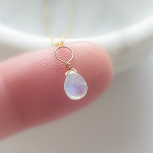 Tiny Rainbow Moonstone Drop Necklace - Studio Blue
