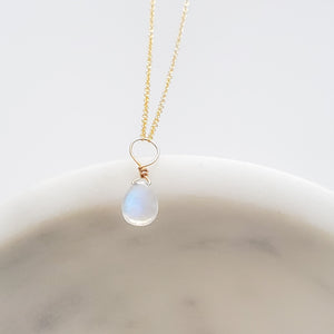 Tiny Rainbow Moonstone Drop Necklace - Studio Blue