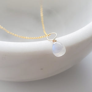 Tiny Rainbow Moonstone Drop Necklace - Studio Blue