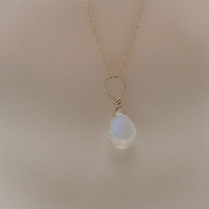 Tiny Rainbow Moonstone Drop Necklace - Studio Blue