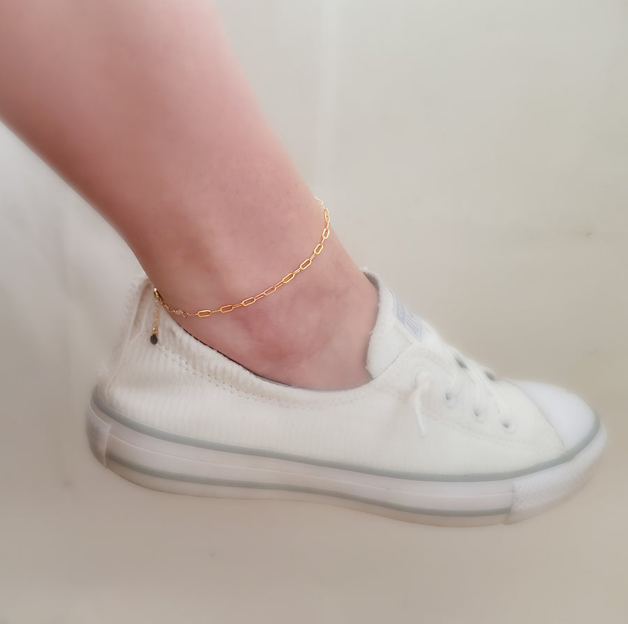 Tiny Paperclip Link Anklet - Studio Blue